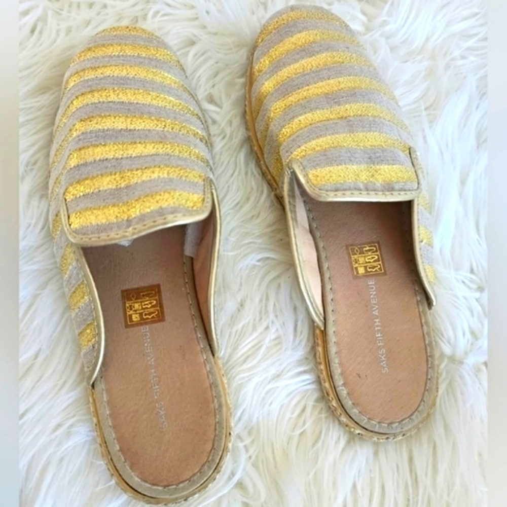 Saks Fifth Avenue Gold Silver Glitter Espadrilles Flat Mules Size EU 38 US 7 🌴
